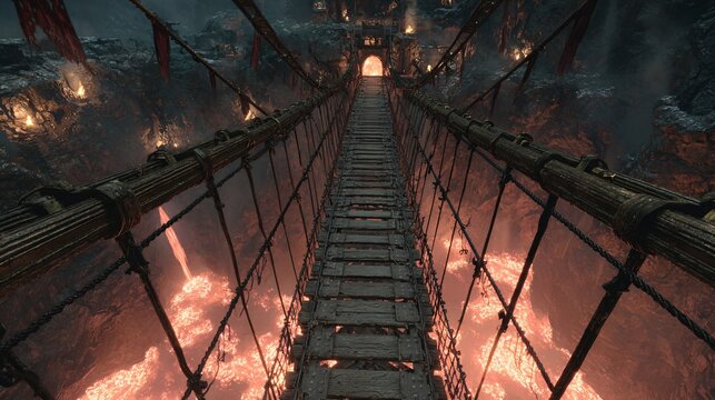 Fototapeta Dark Fantasy Rope Bridge Over Volcanic Abyss