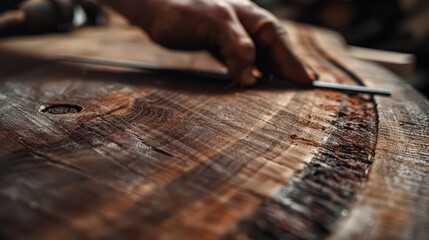 Skilled craftsman smoothing wooden surface with meticulous hand tool, showcasing fine woodworking artistry and craftsmanship