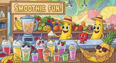 Smoothie Fun - A Vibrant and Playful Fruit Smoothie Scene.