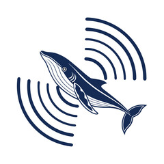 Minimal whale logo with sonar wave design &ndash; modern marine animal vector illustration.