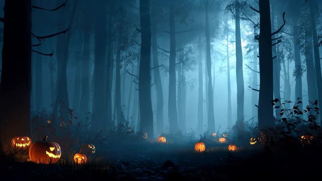 Ultra-realistic illustration of a mysterious forest on Halloween night, fog between the trees, ghostly silhouettes, glowing pumpkins on the ground, full moon illuminating mist
