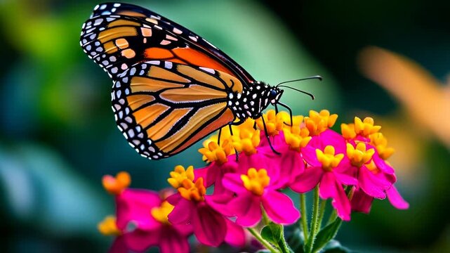 A close-up of a vibrant monarch butterfly perched on bright flowers.