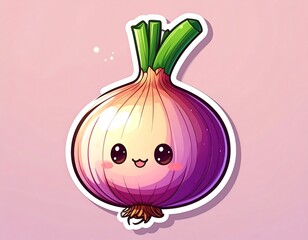 Adorable cartoon depiction of a happy onion with a cheerful smile, pink blush, and vibrant green stalks. A white outline frames the cute veggie