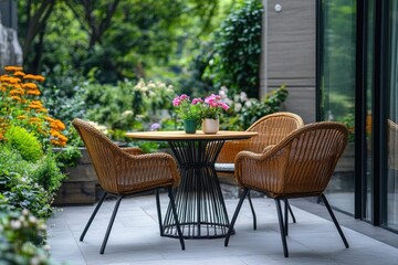 Obraz premium Table and garden chairs on the terrace. A place to relax in yard. Cozy courtyard