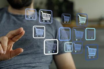 Person interacting with digital shopping cart icons. Illustrating online shopping, e-commerce, and digital retail experiences. Perfect for web d