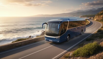 Modern blue bus on scenic coastal highway at sunset.