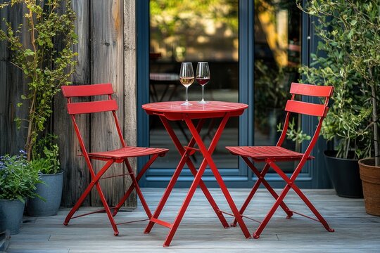 Red outdoor chairs and table on blue window background. Metal furniture with wine glasses