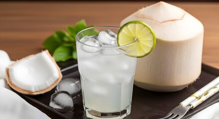 Refreshing cold coconut water in a glass with ice and lime.