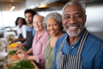 A cheerful group of diverse individuals preparing food in a bright kitchen. The atmosphere is friendly and collaborative, showcasing teamwork and culinary skills.