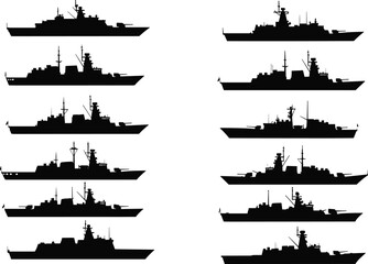 Naval warship silhouettes, military vessel icons, battleship vector set, navy fleet illustration, combat ship design, maritime defense art, ocean warfare graphic © AshikCreative