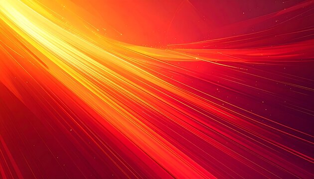 Abstract, vibrant artwork using a gradient of red and yellow. Dynamic light streaks and particles flow across the surface