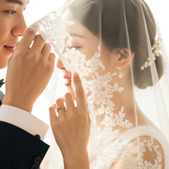 Bride and Groom Sharing a Tender Moment Under a Veil.