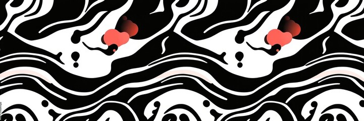 Abstract Seamless Pattern with Black and White Wavy Lines and Coral Shapes, Modern Artistic Background for Fabric, Textile, Wallpaper, and Creative