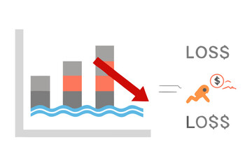 Red bar chart with a gray arrow pointing down representing financial loss