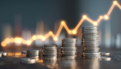 Financial Growth Illustrated: Coin Stack Overlaid With Business Graphs And Charts For Investment And Business Success.
