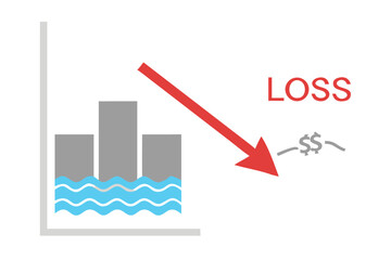 Red bar chart with a gray arrow pointing down representing financial loss