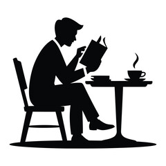 Man Reading Book and Drinking Coffee black silhouette