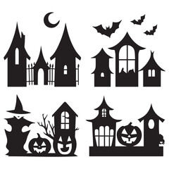 Spooky halloween silhouettes of haunted houses castles and pumpkins under a crescent moon and bats