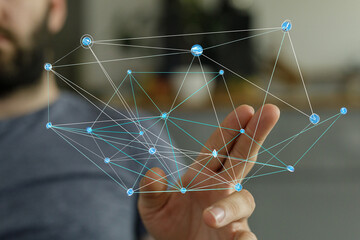Person holding a digital network connection graphic, representing technology, communication,...