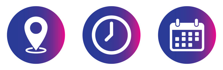 place, time and date icon set. position, clock and calendar symbol. business vector design. location, time and date icon for app, ui and website. vector illustration on transparent background