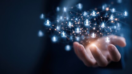Digital Connections: A person's hand cradles a luminous network of interconnected nodes, representing the expansive realm of global communication and technological advancement.