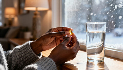 Close-up of black woman's hands holding vitamin pill next to glass of water in winter, woman taking vitamin D supplement or medicine for daily health and wellness during cold season