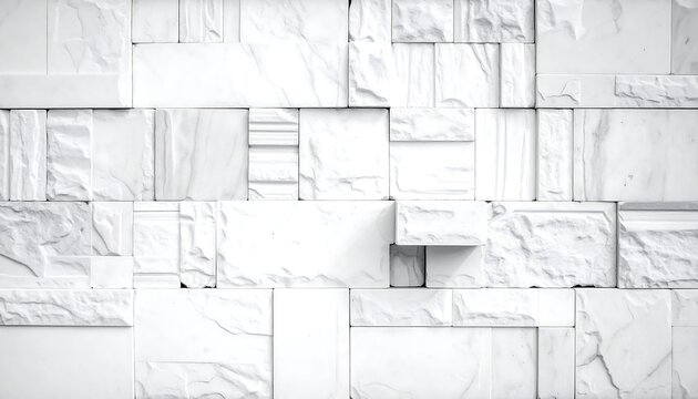 An abstract close-up shows a wall comprised of textured white marble tiles in varying shapes and sizes, creating a visually interesting pattern