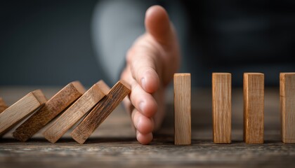 Businessman Preventing Domino Effect By Inserting Hand Between Falling And Upright Wooden Blocks In Close-Up Visual Image.