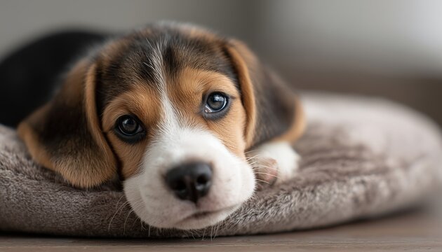 Common Illnesses In Puppies To Be Aware Of: A Sick Beagle Puppy Lying On A Dog Bed At Home Appears Sad.