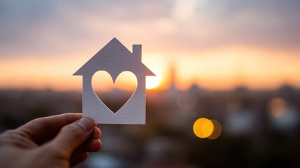 Home Sweet Home: A hand tenderly presents a heart-shaped silhouette of a house against the warm embrace of a sunrise, representing the joy and security of home.