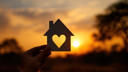 Dream Home Silhouette: a tender hand cradles a cut-out house shape featuring a heart, set against the backdrop of a radiant sunset, evoking feelings of warmth, safety, and the comfort of home.