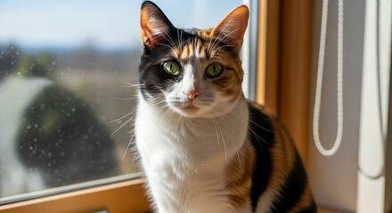 A close-up view of a calico cat sitting by a sunny window, staring intently at the viewer. It's partially shadowed