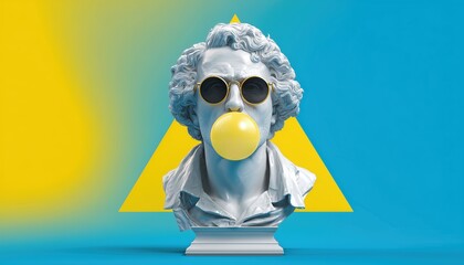 Trendy Hipster Statue Bust Wearing Stylish Sunglasses Blowing Bubble Gum On Blue Triangle With Yellow. Innovative Design And Contemporary Art For Marketing.