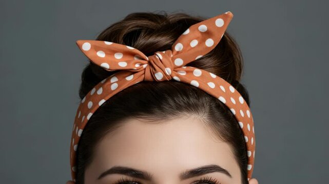 Woman with polka dot headband and hair bun, retro style