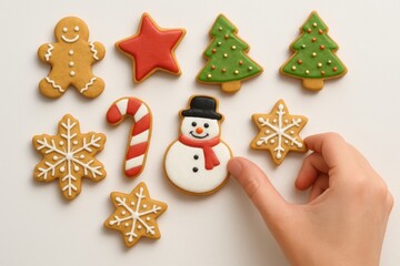 A person hand reaches for a festive assortment of decorated Christmas cookies, including gingerbread, snowflakes, and Christmas trees.