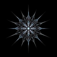 Stunning abstract fractal snowflake design with intricate icy blue and white patterns on a deep black background, evoking winter magic and elegance.