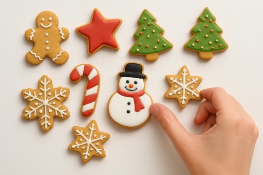 A person hand reaches for a festive assortment of decorated Christmas cookies, including gingerbread, snowflakes, and Christmas trees.