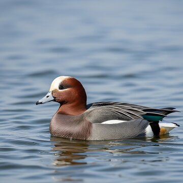 A close-up view of a colorful bird with its head turned to the left, swimming on calm water, showcasing detail