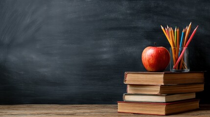 A stack of books with a red apple and colorful pencils on a wooden surface, against a black chalkboard background.