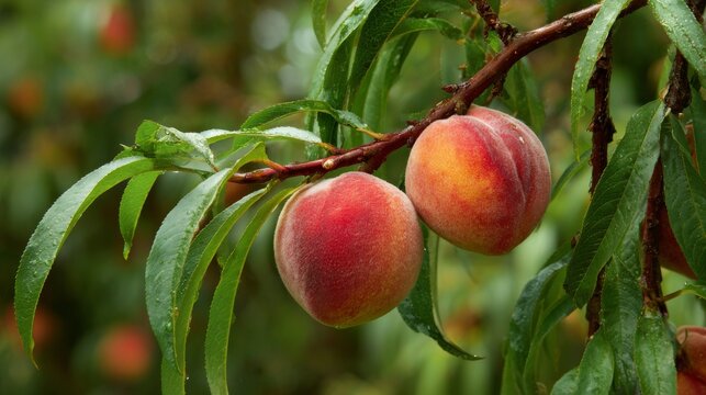 Close-up of two ripe, fuzzy peaches on a branch, surrounded by green leaves with water droplets. Bright colors - Powered by Adobe
