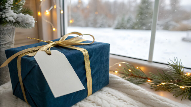 A blank gift tag mockup on a gift wrapped in blue velvet paper with a gold ribbon, placed near a window with a view of falling snow and holiday lights outside.