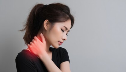 Fototapeta premium Asian Young Woman Suffers From Stiff Muscles And Painful Back And Neck Due To Work, Holding, And Rubbing Shoulder. Seeking Health Care And Medicine.
