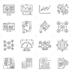 Fototapeta premium This extensive collection of modern line icons visually represents key concepts in data analytics, business intelligence, and digital technology infrastructure.