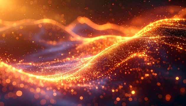 Abstract glowing fiery waves, with shimmering particles in a dynamic, flowing, and luminous design on a dark backdrop