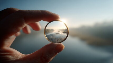 A hand holds a ring focusing a river scene, sunlit through a hazy morning, blurring background