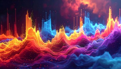 Abstract visualization of data resembling colorful mountain ranges with glowing particle effects and vibrant gradients. A celestial backdrop adds depth