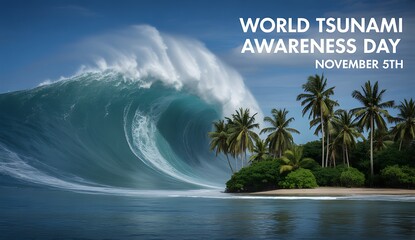 World tsunami awareness day november fifth a massive ocean wave approaches a tropical island