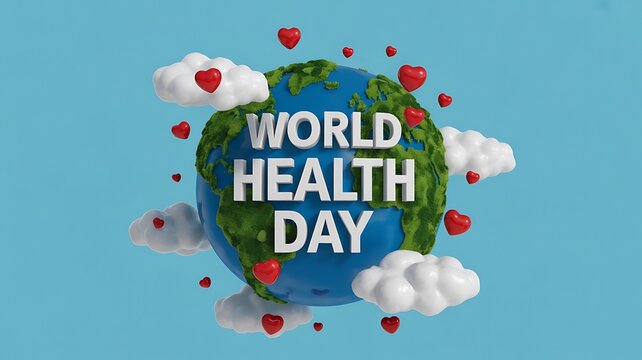 World health day celebration featuring a globe surrounded by clouds and red hearts on a blue background