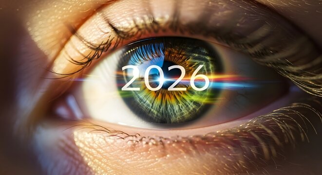 Close-up of Eye with 2026 Text — Future Vision and Technology Concept