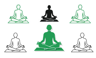Set of Six Yoga Meditation Icons. Person in Lotus Position (Padmasana) on Mat, Silhouettes and Line Art for Wellness, Peace, and Health Concepts.